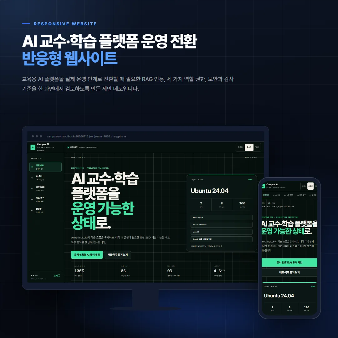 AI 교수·학습 플랫폼 운영 전환 데스크톱·모바일 화면 목업