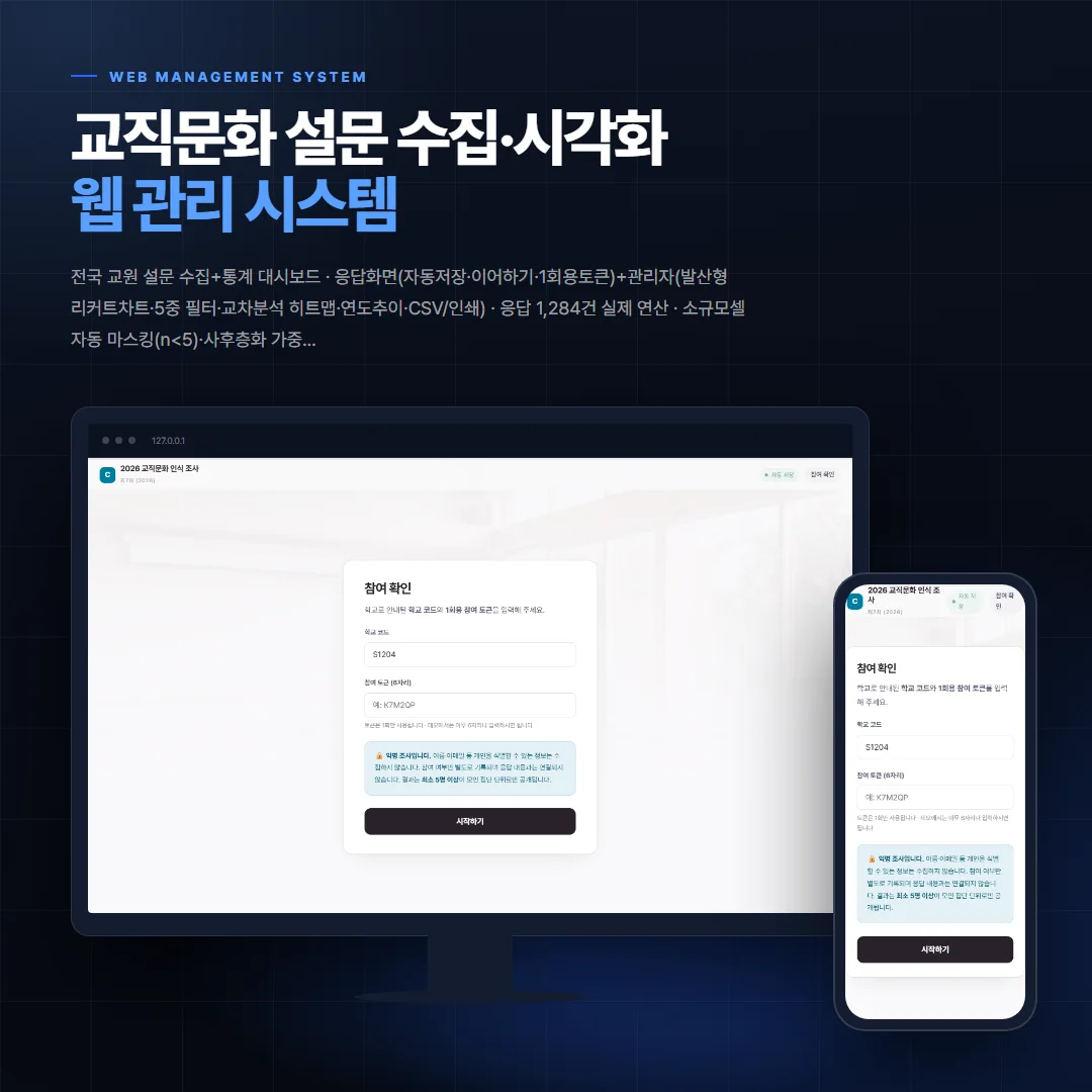 교직문화 설문 수집·시각화 데스크톱·모바일 화면 목업