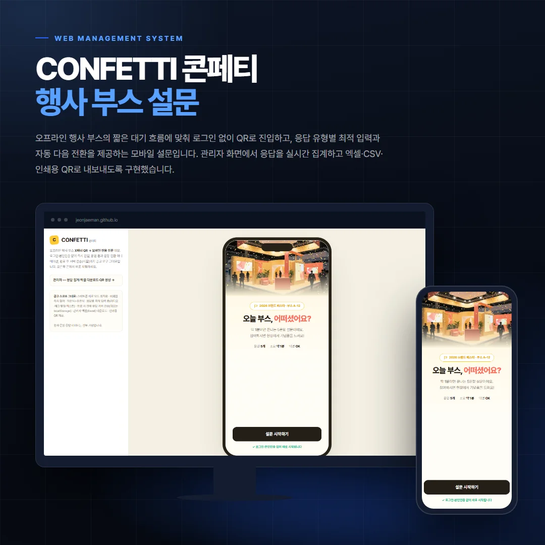 CONFETTI 콘페티 — 행사 부스 설문 데스크톱·모바일 화면 목업