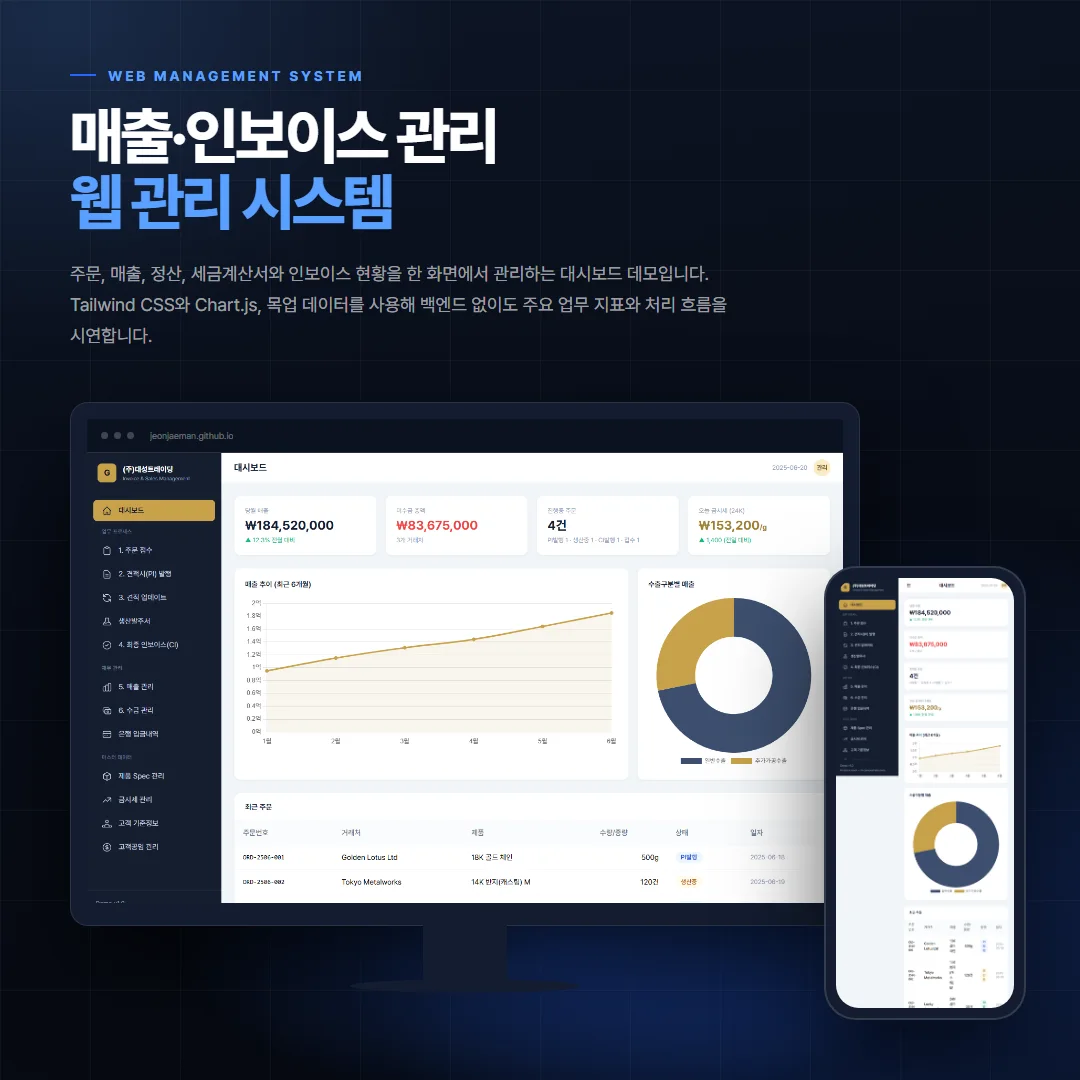 매출·인보이스 관리 데스크톱·모바일 화면 목업