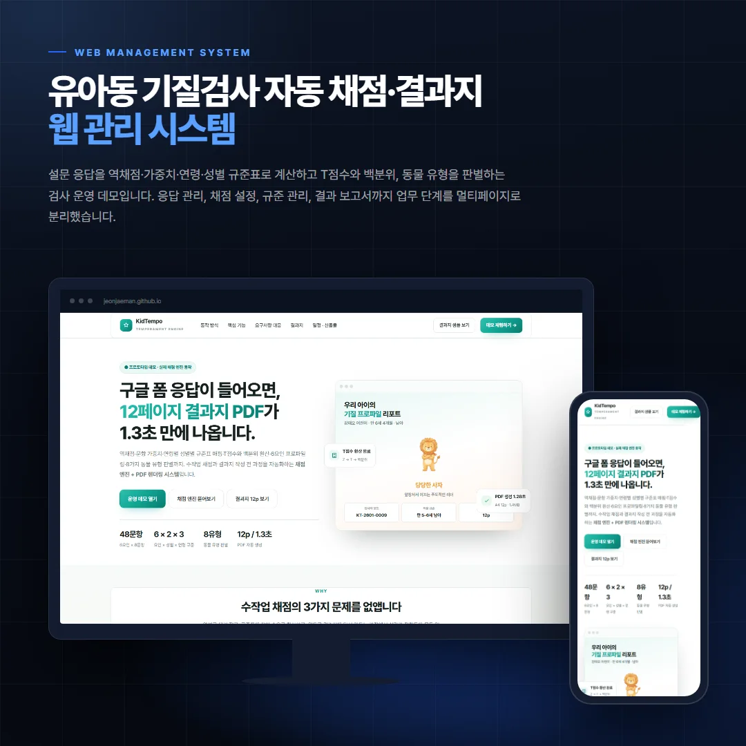 유아동 기질검사 자동 채점·결과지 데스크톱·모바일 화면 목업