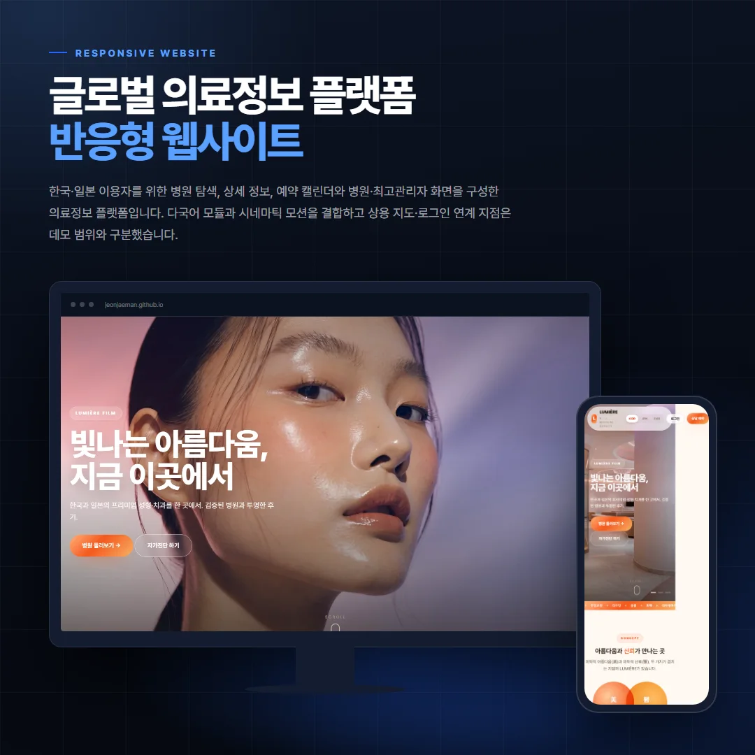 글로벌 의료정보 플랫폼 데스크톱·모바일 화면 목업