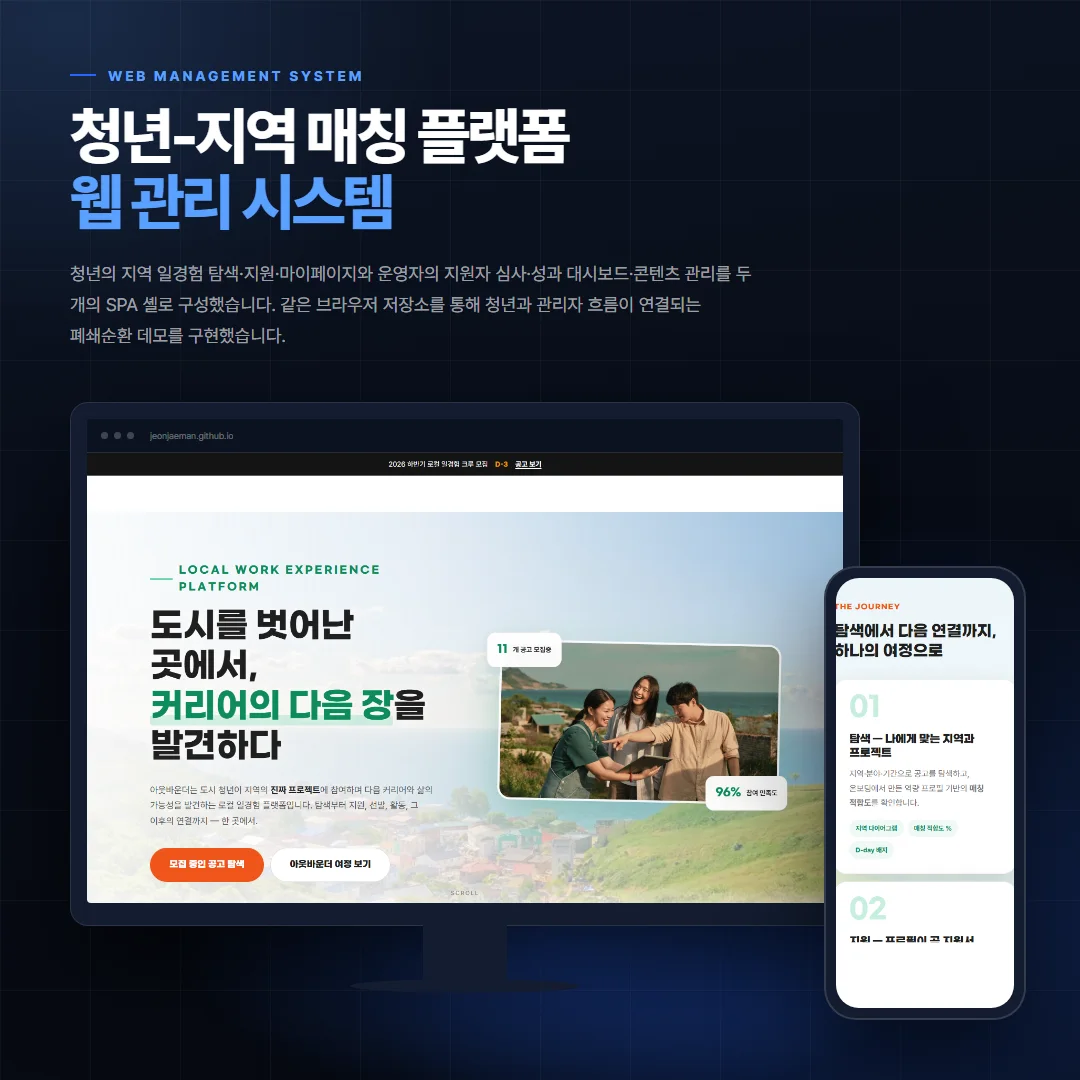 청년-지역 매칭 플랫폼 데스크톱·모바일 화면 목업