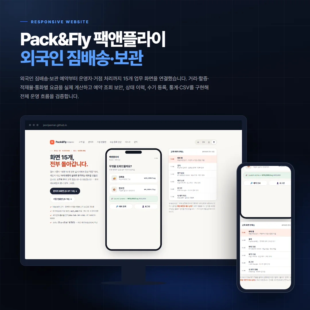 Pack&Fly 팩앤플라이 — 외국인 짐배송·보관 데스크톱·모바일 화면 목업