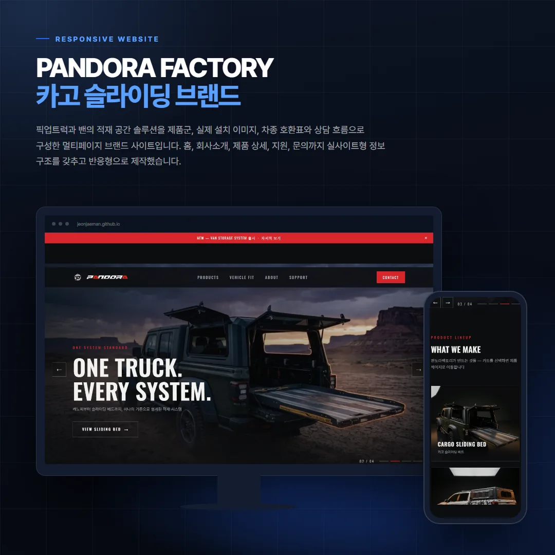 PANDORA FACTORY — 카고 슬라이딩 브랜드 데스크톱·모바일 화면 목업