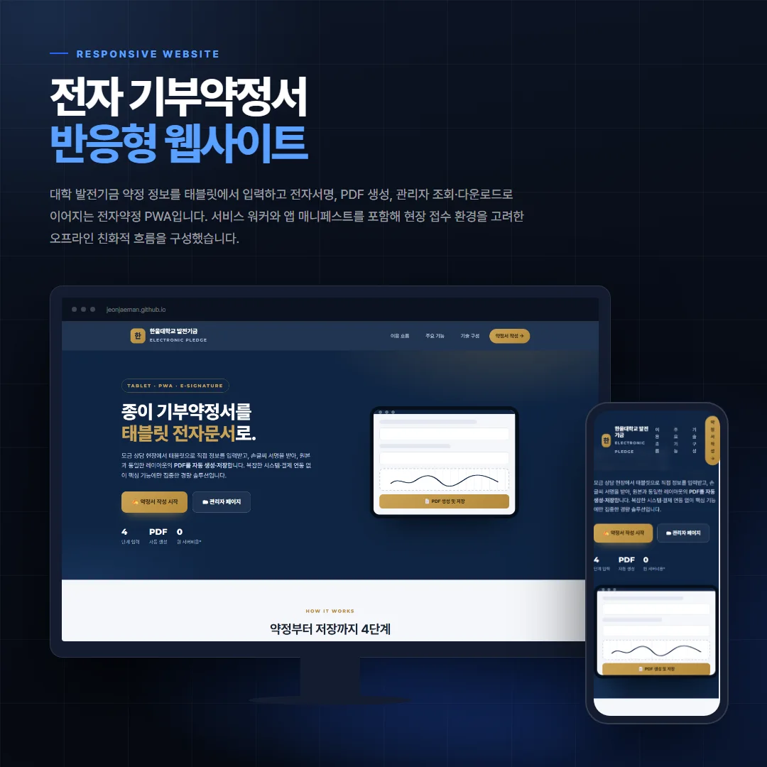 전자 기부약정서 데스크톱·모바일 화면 목업