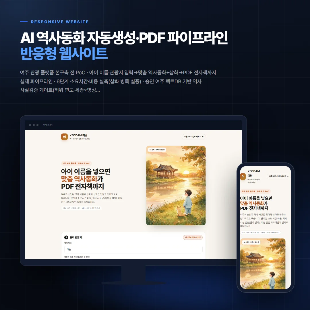 AI 역사동화 자동생성·PDF 파이프라인 데스크톱·모바일 화면 목업