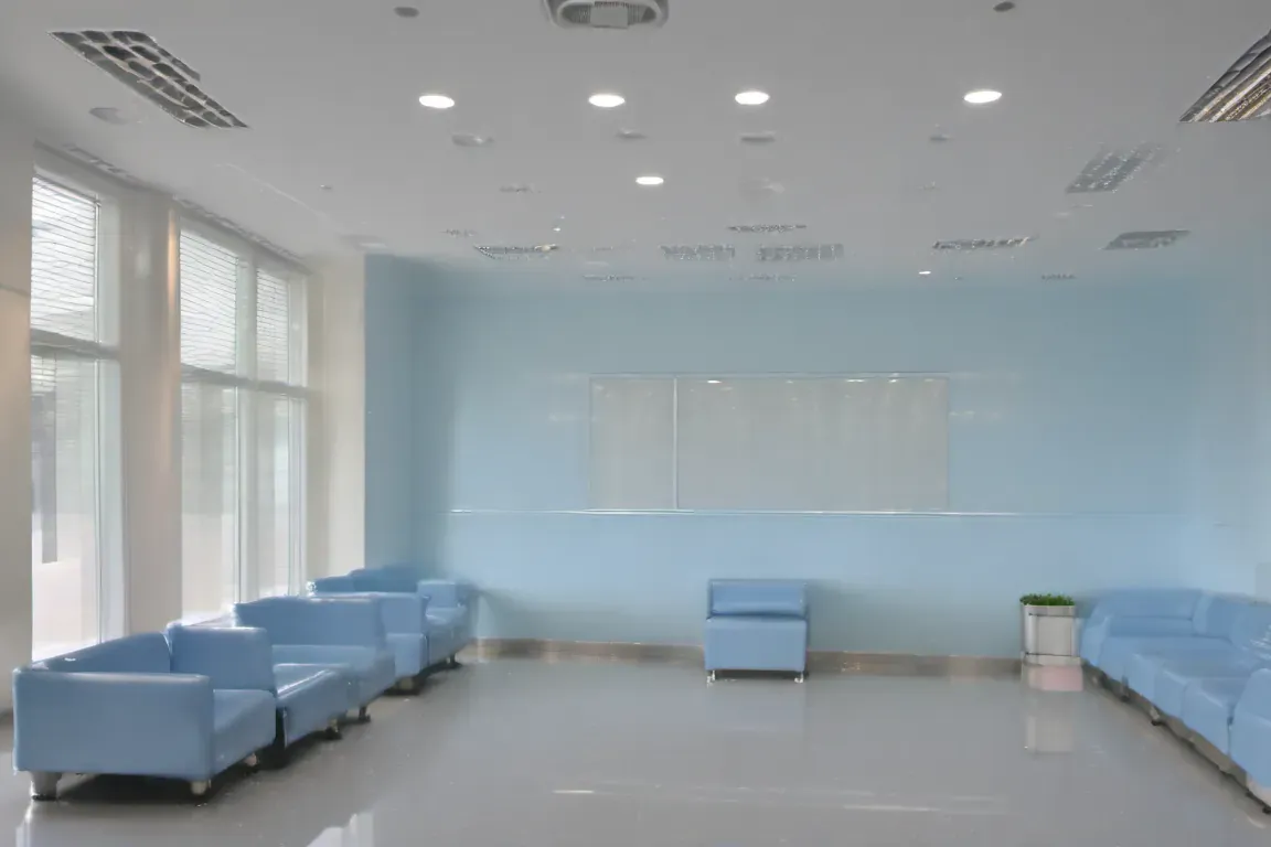 큰 창과 연한 파란 의자가 있는 빈 대기 공간