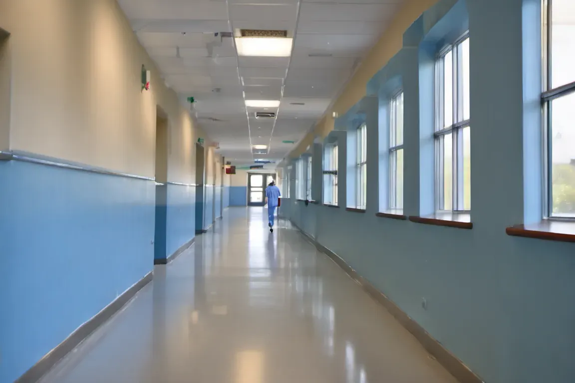 파란 벽과 큰 창이 이어진 긴 복도 끝으로 작은 인물이 걸어가는 뒷모습