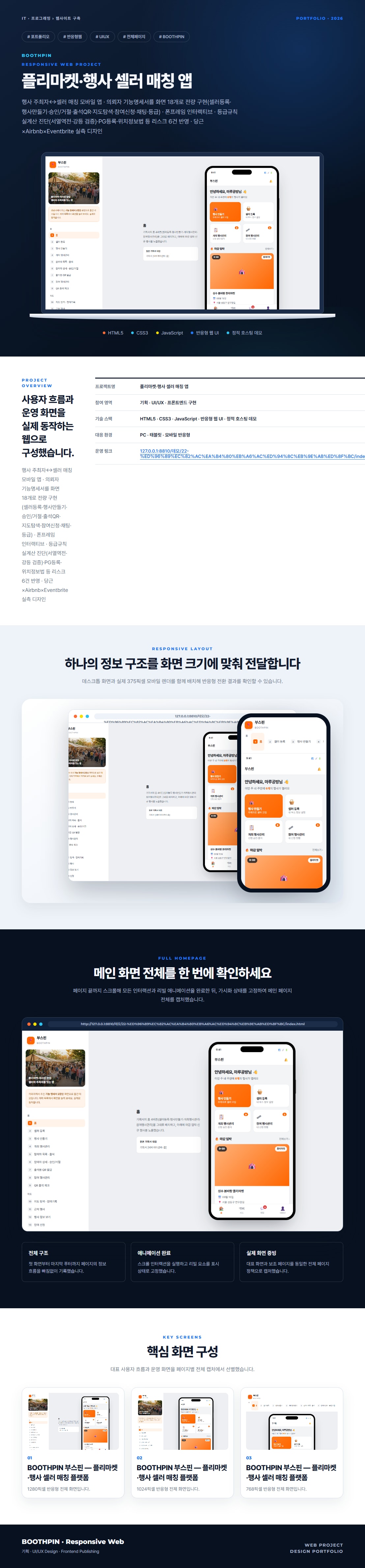 플리마켓·행사 셀러 매칭 앱 프로젝트 전체 화면 포트폴리오 보드