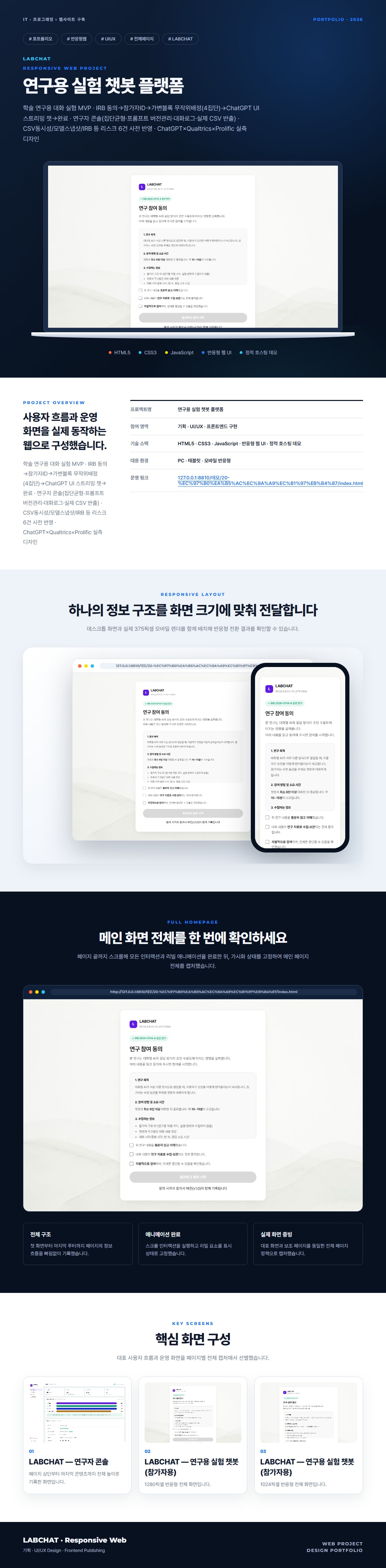 연구용 실험 챗봇 플랫폼 프로젝트 전체 화면 포트폴리오 보드