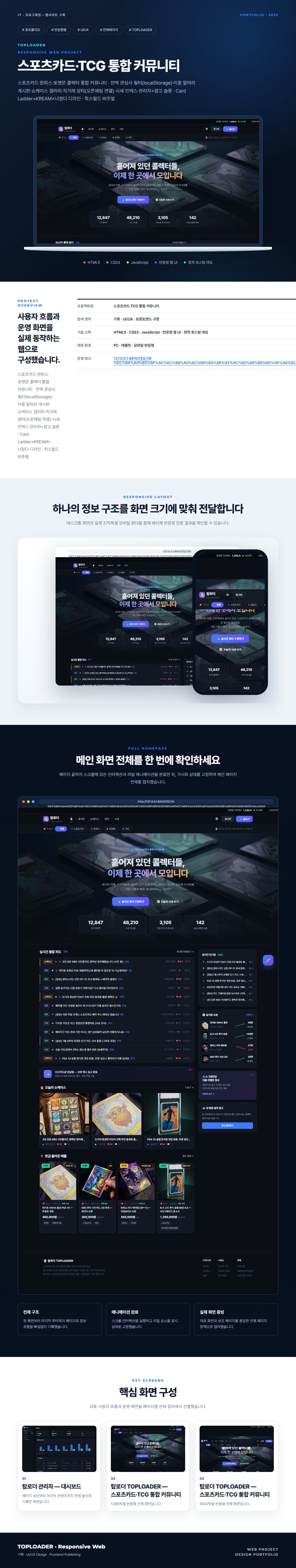 스포츠카드·TCG 통합 커뮤니티 프로젝트 전체 화면 포트폴리오 보드
